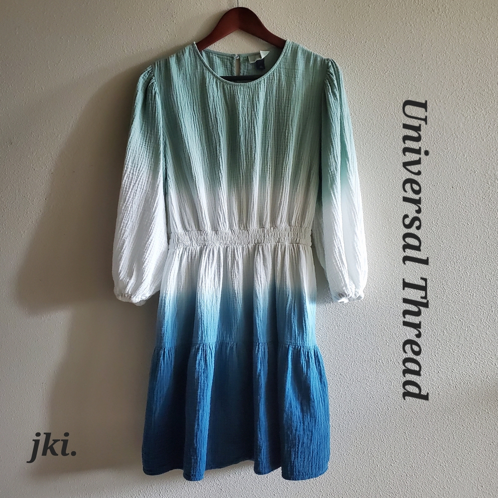 Universal Thread White and Blue Bishop Sleeve Sundress Stretchy waistline